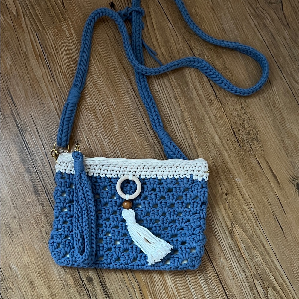 Handmade Blue and Cream Crochet Crossbody Bag